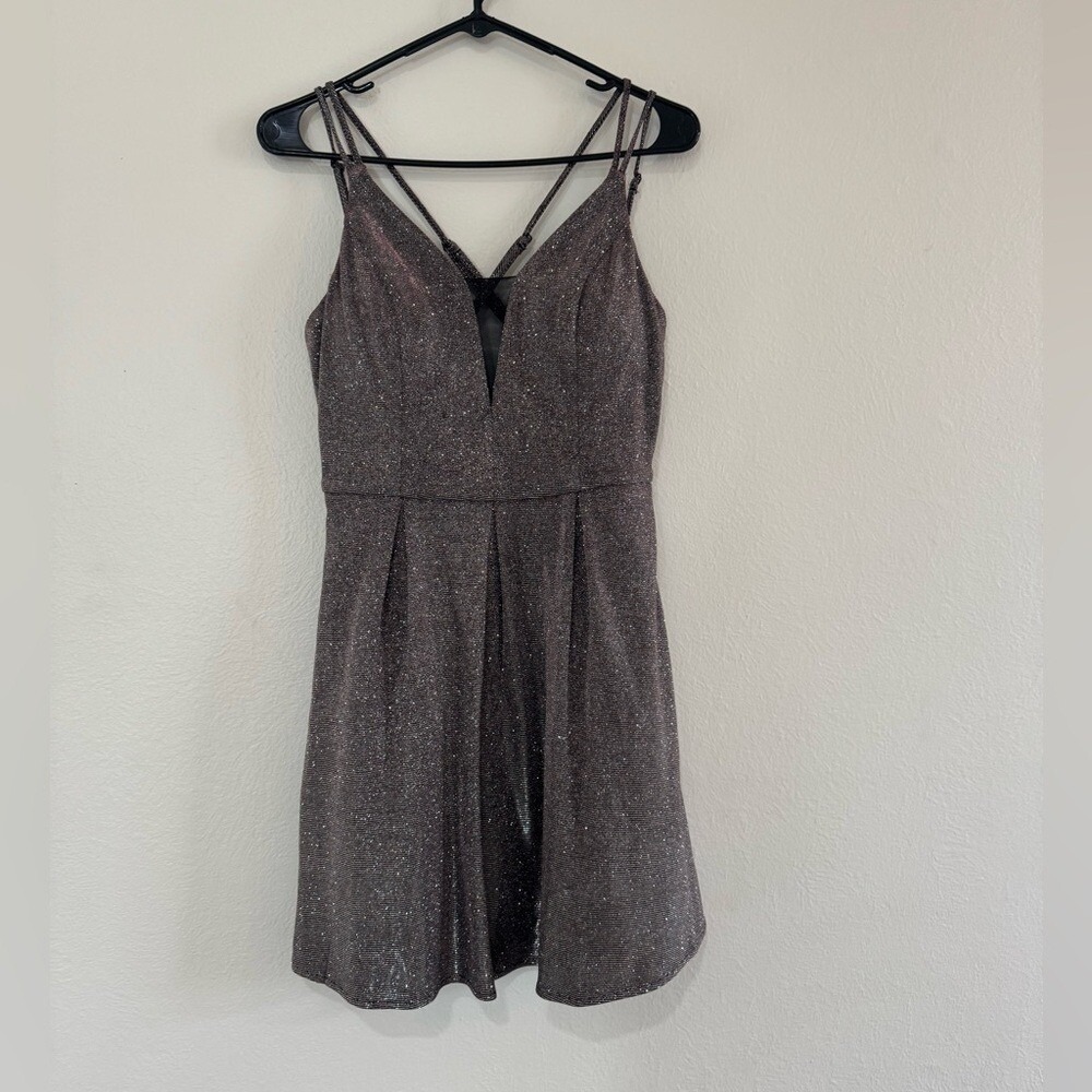 Crystal Doll Metallic Glitter V-Neck Fit Flare Dress Silver Gunmetal 7 (735)‎